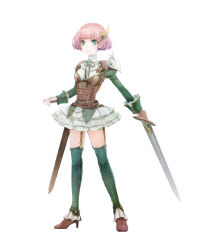 Rule 34 | 1girl, bad id, bad pixiv id, blush, brown footwear, brown gloves, bustier, closed mouth, commentary request, fantasy, fingerless gloves, full body, garter straps, gloves, green eyes, green thighhighs, hair ornament, high heels, highres, holding, holding sword, holding weapon, juliet sleeves, long sleeves, looking at viewer, original, pink hair, pleated skirt, puffy sleeves, sachi (yumemayoi), scabbard, sheath, short hair, simple background, skirt, smile, solo, sword, thighhighs, unsheathed, weapon, white background, white skirt