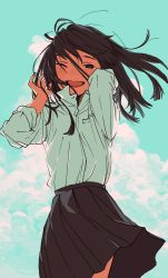 Rule 34 | 1girl, :d, absurdres, black hair, black skirt, blush, cloud, cloudy sky, collared shirt, day, female focus, hair between eyes, happy, highres, long hair, looking at viewer, one eye closed, open mouth, original, outdoors, shiki haru, shirt, shirt tucked in, skirt, sky, smile, solo, wind
