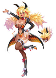 Rule 34 | 1girl, adapted costume, alternate costume, animal ears, asahi, blonde hair, breasts, cleavage, cleavage cutout, clothing cutout, curvy, dark-skinned female, dark skin, fake animal ears, fang, female focus, fishnets, full body, hand on own hip, highleg, highleg leotard, highres, hinode aoi, jumping, large breasts, leotard, lilith-soft, long hair, looking at viewer, low twintails, multicolored hair, navel, official alternate costume, orange leotard, playboy bunny, rabbit ears, revealing clothes, shiny skin, simple background, smile, solo, taimanin (series), taimanin rpgx, tan, tanline, thong leotard, twintails, two-tone hair, very long hair, weapon, whip