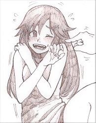 Rule 34 | 1girl, :d, bare arms, blush, brown theme, commentary, fangs, fingernails, greyscale, haioku colonel, highres, himekawa yuki, idolmaster, idolmaster cinderella girls, laughing, long hair, looking to the side, monochrome, nose blush, one eye closed, open mouth, pointing, short shorts, shorts, sketch, smile, solo focus, tank top, traditional media, upper body, white background