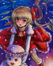 Rule 34 | 1girl, :o, adapted costume, blonde hair, blouse, blue background, boots, breath, dress, fang, female focus, flandre scarlet, hair ribbon, long sleeves, looking at viewer, mittens, no headwear, no headwear, oil painting (medium), painting (medium), red dress, red eyes, remilia scarlet, ribbon, shirt, short hair, side ponytail, snow, snowman, tafuto, thighhighs, touhou, traditional media, wings