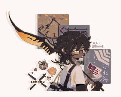Rule 34 | 1boy, arknights, bag, bead bracelet, beads, bespectacled, black-framed eyewear, black hair, bracelet, closed mouth, cropped torso, dark-skinned male, dark skin, dated, food, fruit, glasses, highres, holding, holding weapon, jewelry, male focus, official alternate costume, over shoulder, pancake, shirt, solo, strawberry, thorns (arknights), thorns (comodo) (arknights), thurim6, twitter username, upper body, weapon, weapon over shoulder, white shirt, yellow eyes