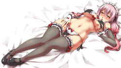 Rule 34 | 1girl, alternate costume, apron, bikini, black thighhighs, blush, breasts, bridal gauntlets, cleavage, elbow gloves, enmaided, frills, gloves, guilty crown, hair ornament, hairclip, long hair, looking at viewer, maid, maid apron, maid bikini, maid headdress, medium breasts, navel, open mouth, packge, pink hair, red eyes, solo, swimsuit, thighhighs, twintails, unconventional maid, yuzuriha inori