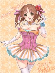 Rule 34 | 10s, 1girl, artist name, bare shoulders, blush, breasts, brown eyes, brown hair, cleavage, dated, elbow gloves, floral background, flower, gloves, hair flower, hair ornament, happy birthday, idolmaster, idolmaster cinderella girls, open mouth, ryuki@maguro-ex, short twintails, solo, thighhighs, totoki airi, twintails, white thighhighs