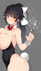 Rule 34 | 1girl, alternate costume, azur lane, blunt bangs, bow, bowtie, breasts, cleavage, cowboy shot, detached collar, etsem, from side, highres, leotard, long hair, out-of-frame censoring, rabbit tail, red bow, red bowtie, solo, standing, tagme, tail, takao (azur lane), topless, very long hair