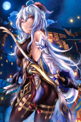 Rule 34 | 1girl, absurdres, ahoge, ass, bare shoulders, blue hair, blush, bodysuit, bow (weapon), breasts, city, colycycle, detached sleeves, from behind, ganyu (genshin impact), genshin impact, gloves, highres, horns, leotard, long hair, looking at viewer, pantyhose, purple eyes, shiny clothes, shiny skin, sideboob, smile, solo, very long hair, waist cape, weapon