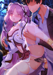 Rule 34 | 1boy, 1girl, backlighting, bare shoulders, black hair, black jacket, blush, breasts, breasts out, cleft of venus, clenched teeth, clothed sex, collarbone, condom, condom on penis, dress, dress shirt, euryale (fate), euryale (lostroom outfit) (fate), fate/grand order, fate/hollow ataraxia, fate (series), frilled hairband, frills, fujimaru ritsuka (male), gloves, grey gloves, hairband, has bad revision, has censored revision, hetero, highres, jacket, leg lift, long hair, looking at viewer, lostroom outfit (fate), m-da s-tarou, nipples, open mouth, panties, parted bangs, penis, purple eyes, purple hair, pussy, sex, shirt, short hair, sidelocks, slit pupils, small breasts, spread legs, standing, standing sex, teeth, testicles, twintails, uncensored, underwear, vaginal, very long hair, white dress, white panties, white shirt