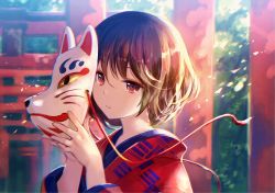 Rule 34 | 1girl, architecture, blurry, brown hair, character request, day, depth of field, east asian architecture, fox mask, fuzichoco, holding, holding mask, japanese clothes, kimono, mask, original, outdoors, red eyes, short hair, solo, torii, upper body