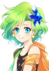 Rule 34 | 1girl, blue eyes, cape, closed mouth, commentary, earrings, final fantasy, final fantasy iv, green hair, hair ornament, jewelry, long hair, looking at viewer, rydia (ff4), sa kichi, simple background, smile, solo, white background