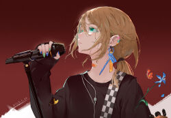 Rule 34 | 1girl, absurdres, bandaid, bandaid on neck, blonde hair, blue flower, blue nails, brown sweater, dated, earrings, flower, green eyes, green nails, hand up, highres, holding, holding microphone, jewelry, long hair, long sleeves, looking up, low ponytail, microphone, microphone stand, nail polish, original, parted lips, red flower, short hair, sleeves past wrists, solo, su ran (bilibili 18604428), sweater, upper body