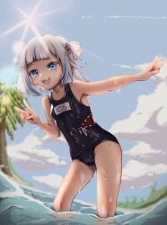 Rule 34 | 1girl, adapted costume, black one-piece swimsuit, blue hair, blue nails, blue sky, breasts, cloud, covered navel, gawr gura, grey hair, hair ornament, hayakun0 0, highres, hololive, hololive english, looking at viewer, medium hair, multicolored hair, nail polish, navel, one-piece swimsuit, palm tree, school swimsuit, shark girl, shark hair ornament, shark print, sharp teeth, sky, small breasts, smile, solo, streaked hair, swimsuit, teeth, tree, upper teeth only, v, virtual youtuber, wading, water, wet