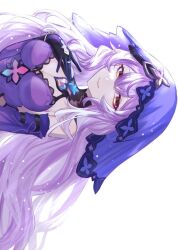 Rule 34 | 1girl, 30 byou suwa, bare shoulders, black swan (honkai: star rail), breasts, cleavage, commentary request, dress, elbow gloves, gloves, honkai: star rail, honkai (series), long hair, looking at viewer, medium breasts, purple dress, purple eyes, purple gloves, purple hair, simple background, sleeveless, sleeveless dress, smile, solo, upper body, veil, very long hair, white background