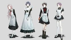 Rule 34 | 4boys, absurdres, ahoge, alternate costume, apron, arm behind back, arms behind back, black apron, black bow, black bowtie, black choker, black dress, black footwear, black gloves, blue hair, boots, bow, bowtie, brown hair, chinese commentary, choker, cigarette, closed mouth, collared dress, commentary request, cross-laced footwear, crossdressing, dress, earrings, enmaided, frilled apron, frilled dress, frills, full body, gloves, grey background, grey eyes, hair between eyes, harada minoru, hatsutori hajime, highres, holding, holding cigarette, jewelry, kyoko (akakikyoko), lace-up boots, long hair, long sleeves, maid, maid apron, maid headdress, male focus, male maid, mary janes, multiple boys, multiple scars, neck ribbon, pantyhose, parted bangs, pink hair, puffy short sleeves, puffy sleeves, red eyes, red ribbon, ribbon, saibou shinkyoku, scar, scar on face, scar on forehead, scar on leg, shoes, short dress, short hair, short sleeves, simple background, skirt hold, smile, theodore riddle, thighhighs, utsugi noriyuki, white apron, white dress, white pantyhose, white thighhighs