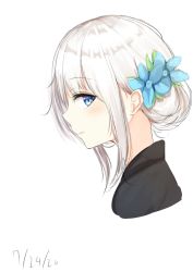 Rule 34 | 1girl, aties20, black kimono, blue eyes, blue flower, blush, closed mouth, commentary request, cropped torso, dated, flower, hair bun, hair flower, hair ornament, japanese clothes, kimono, looking at viewer, looking to the side, original, profile, sidelocks, silver hair, simple background, single hair bun, smile, solo, upper body, white background, yukata