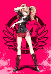 Rule 34 | 1girl, arm up, bear hair ornament, black shirt, blood, blood on clothes, blue eyes, boots, brown footwear, brown hair, collarbone, cross-laced footwear, danganronpa: trigger happy havoc, danganronpa (series), enoshima junko, hair ornament, lace-up boots, long hair, looking at viewer, miniskirt, necktie, pleated skirt, pourpre, red background, red skirt, shirt, skirt, smile, solo, spoilers, twintails
