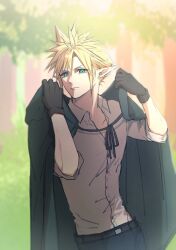 Rule 34 | 1boy, adjusting clothes, ah yoshimizu, alternate costume, alternate species, blonde hair, blue pants, cape, cloud strife, collared shirt, commentary request, day, earrings, elf, expressionless, final fantasy, final fantasy vii, foliage, forest, green cape, green eyes, highres, jewelry, leaf, leather belt, looking at viewer, male focus, nature, outdoors, pants, partially unbuttoned, pointy ears, shirt, short hair, sleeves rolled up, solo, spiked hair, stud earrings, tree, upper body, white shirt