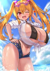 Rule 34 | 1girl, ;d, blonde hair, breasts, chiroshiron, cleavage, contrapposto, curvy, denim, denim shorts, eyewear on head, hair between eyes, hand on own hip, heart, heart-shaped eyewear, highres, huge breasts, long hair, looking at viewer, navel, ocean, one eye closed, open mouth, original, red eyes, short shorts, shorts, smile, solo, sparkle, sun, sunglasses, twintails, virtual youtuber, water, wide hips