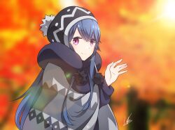 Rule 34 | 1girl, beanie, black hat, blue hair, blurry, blurry background, closed mouth, coat, commentary request, grey coat, hand up, hat, highres, long hair, long sleeves, looking at viewer, orange background, outdoors, purple eyes, scarf, shima rin, sidelocks, signature, smile, solo, swept bangs, upper body, yasu (pixiv), yurucamp