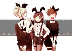 Rule 34 | 3girls, animal ears, arms behind back, back, bandeau, bare shoulders, black dress, black gloves, black nails, black neckwear, black shorts, black sweater, blush, breasts, brown hair, brown legwear, buttons, choker, closed eyes, closed mouth, collared shirt, cowboy shot, d.va (overwatch), dress, dress shirt, eyebrows, facepaint, facial mark, fake animal ears, fingerless gloves, fingernails, from behind, gloves, hairband, hand on own hip, hands up, ieru1826, lipstick, long hair, looking back, makeup, mercy (overwatch), multiple girls, nail polish, off-shoulder, off-shoulder sweater, off shoulder, open mouth, overwatch, overwatch 1, own hands together, pantyhose, parted lips, pink lips, ponytail, rabbit ears, red lips, ribbon choker, shirt, short dress, short hair, short sleeves, shorts, shoulder blades, skirt, sleeves past elbows, smile, spiked hair, suspenders, sweatdrop, sweater, sweater dress, swept bangs, teeth, thigh strap, tracer (overwatch), whisker markings, white shirt