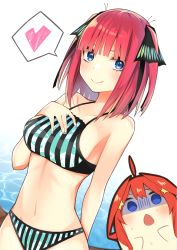 Rule 34 | 2girls, ahoge, bad id, bad pixiv id, bare arms, bare shoulders, bikini, black bikini, blue eyes, blue nails, blush, breasts, caustics, chestnut mouth, closed mouth, collarbone, gloom (expression), go-toubun no hanayome, hair ornament, halterneck, hand on own chest, heart, highres, itame moyashi, looking at viewer, md5 mismatch, medium breasts, multiple girls, nail polish, nakano itsuki, nakano nino, navel, open mouth, orange hair, red hair, resolution mismatch, shaded face, short hair, siblings, sisters, smile, source larger, spoken heart, star (symbol), stomach, striped bikini, striped clothes, sweat, swimsuit, two side up, vertical-striped bikini, vertical-striped clothes, water, white background