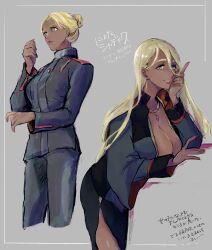 Rule 34 | 1girl, absurdres, asticassia school uniform, blonde hair, breasts, cleavage, cyo (kztmooo), dark skin, genderswap, genderswap (mtf), green eyes, grey background, gundam, gundam suisei no majo, hair between eyes, hair up, half-closed eyes, hand on own cheek, hand on own face, highres, jewelry, large breasts, long hair, long sleeves, looking at viewer, necklace, official alternate hairstyle, open clothes, parted lips, school uniform, serious, shaddiq zenelli, side slit, simple background, smile, translation request, uniform