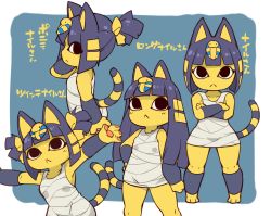 Rule 34 | 1girl, alternate hair length, alternate hairstyle, animal crossing, animal ears, ankha (animal crossing), blue background, blue hair, blunt bangs, bob cut, body fur, cat ears, cat girl, cat tail, character name, colored skin, dress, egyptian, frown, fukurou (owl222), furry, furry female, green background, hair ornament, hand on own hip, highres, long hair, multiple views, nintendo, outside border, short hair, simple background, striped tail, tail, twintails, white background, yellow skin