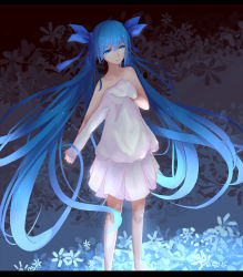 Rule 34 | .l.l, 1girl, absurdly long hair, absurdres, ahoge, bad id, bad pixiv id, barefoot, blue eyes, blue hair, clothes in front, collarbone, dress, floral background, hair ribbon, hatsune miku, highres, legs, letterboxed, long hair, long sleeves, looking at viewer, matching hair/eyes, ribbon, shirt, skirt, smile, solo, standing, topless, twintails, very long hair, vocaloid, white shirt, white skirt
