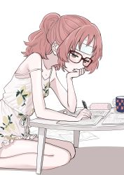 Rule 34 | brown hair, cup, from side, fujichika koume, glasses, hand to own mouth, head rest, highres, holding, holding pen, mie ai, mug, pen, ponytail, seiza, sidelocks, simple background, sitting, solo, sukinako ga megane wo wasureta, table, tagme, white background, writing