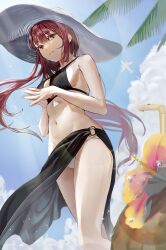 Rule 34 | 1girl, aircraft, airplane, bare shoulders, bikini, breasts, brown eyes, cloud, contrail, day, drinking straw, feet out of frame, flower, from below, hat, hibiscus, long hair, looking at viewer, looking down, maguro 4423, medium breasts, mismatched bikini, navel, original, own hands together, parted lips, red hair, sarong, smile, solo, sparkle, steepled fingers, sun hat, swimsuit, water drop, white hat