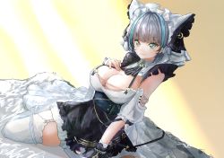 Rule 34 | 1girl, apron, aqua eyes, aqua hair, azur lane, black hair, blush, breasts, cheshire (azur lane), cleavage, detached sleeves, dress, frilled hairband, frilled headband, frilled ribbon, frills, garter straps, hairband, hand on own chest, head tilt, highres, kneeling, large breasts, maid, multicolored hair, on bed, puffy detached sleeves, puffy sleeves, purple apron, ribbon, sapota clone, simple background, smile, solo, streaked hair, thighhighs, white thighhighs, wrist cuffs, yellow background