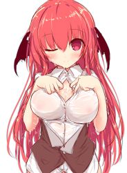 Rule 34 | 1girl, breasts, cleavage, collarbone, head wings, koakuma, large breasts, looking at viewer, one eye closed, pandamonium, red eyes, red hair, shirt, smile, solo, touhou, unbuttoned, upper body, vest, wet, wet clothes, wet hair, white shirt, wing collar, wings