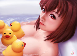 Rule 34 | 10s, 1girl, bath, bathing, breasts, brown eyes, brown hair, close-up, convenient censoring, ebi (eeotoko), female focus, girls und panzer, highres, kondou taeko, looking at viewer, nose, nude, partially submerged, rubber duck, short hair, solo, upper body