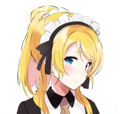 Rule 34 | 10s, 1girl, ayase eli, bad id, bad pixiv id, blonde hair, blue eyes, blush, collared shirt, embarrassed, frown, looking at viewer, love live!, love live! school idol festival, love live! school idol project, maid headdress, ponytail, portrait, scrunchie, shirt, simple background, solo, totoki86, white background