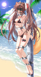 Rule 34 | 1girl, absurdres, arms behind back, ass, azur lane, bare shoulders, barefoot, bdsm, beach, bikini, bird, black bikini, black blindfold, blindfold, blue sky, blush, bondage, bound, breasts, brown hair, chain, chained, cleavage, cloud, cloudy sky, collarbone, commentary, cuffs, day, devil heavens, drooling, feet, full body, furrowed brow, gag, groin, hair ornament, hair scrunchie, half-closed eyes, halterneck, haruna (azur lane), heavy breathing, highres, horns, immobilization, innertube, legs together, lens flare, long hair, looking at viewer, medium breasts, moaning, navel, ocean, open mouth, outdoors, palm leaf, palm tree, pole, red scrunchie, restrained, ring gag, saliva, scrunchie, sex toy, shackles, shadow, side-tie bikini bottom, sidelocks, sky, solo, stationary restraints, stomach, string bikini, sun, sweat, swim ring, swimsuit, tape, teeth, tongue, tongue out, tree, twintails, underboob, upper teeth only, vibrator, water
