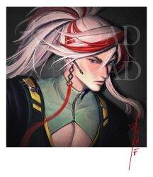Rule 34 | absurdres, earrings, green eyes, highres, jewelry, league of legends, long hair, meme attire, open-chest sweater, polaroid, simple background, sweater, very long hair, white hair, yone