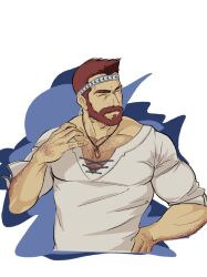 Rule 34 | 1boy, ash (crave saga), bara, beard, brown hair, closed eyes, crave saga, cropped torso, cross-laced slit, eyebrow cut, facial hair, facing to the side, full beard, hairy, hand hair, headband, highres, jewelry, knuckle hair, large pectorals, male focus, mature male, mautilusp, muscular, muscular male, pectoral cleavage, pectorals, pendant, revision, textless version, thick arm hair, thick beard, thick chest hair, thick eyebrows
