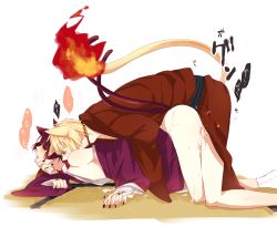 Rule 34 | 2boys, anal, animal ears, axis powers hetalia, bad id, bad pixiv id, black hair, blonde hair, blush, cat boy, cat ears, cat tail, clothed sex, cum, cum in ass, doggystyle, green eyes, highres, japan (hetalia), japanese clothes, kimono, male focus, male penetrated, multiple boys, multiple tails, sex, sex from behind, simple background, tail, tears, text focus, trap, united kingdom (hetalia), white background, yaoi