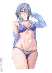 Rule 34 | 1girl, bare shoulders, blue bra, blue hair, blue panties, blue shirt, blush, bra, breasts, collarbone, cropped legs, dress shirt, ebifurya, gotland (kancolle), grin, groin, hair between eyes, highres, kantai collection, long hair, long sleeves, looking at viewer, medium breasts, mole, mole under eye, navel, no pants, one-hour drawing challenge, open clothes, open shirt, panties, shirt, sidelocks, simple background, sleeves past wrists, smile, solo, thighs, twitter username, underwear, white background