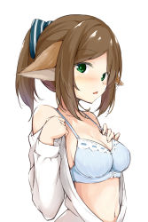 Rule 34 | 1girl, animal ears, arknights, blue bra, blush, bow, bra, breasts, brown hair, cardigan, cleavage, collarbone, fox ears, frilled bra, frills, green eyes, hair bow, highres, kusunoki (gwzx5574), looking at viewer, medium breasts, navel, open cardigan, open clothes, open mouth, perfumer (arknights), ponytail, simple background, solo, sweater, underwear, undressing, upper body, white background, white sweater