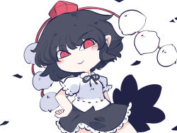 Rule 34 | 1girl, black hair, black skirt, blush stickers, chahan (fried rice0614), closed mouth, collared shirt, cowboy shot, frilled skirt, frills, hat, one-hour drawing challenge, pom pom (clothes), red eyes, red hat, shameimaru aya, shirt, short hair, short sleeves, simple background, skirt, smile, solo, tokin hat, touhou, white background, white shirt