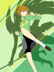 Rule 34 | 1girl, armor, atlus, badge, bare legs, bike shorts, brown eyes, brown hair, button badge, clenched hand, clenched hands, dual persona, fighting stance, fujino miyabi, green background, legs, long hair, looking away, persona, persona 4, satonaka chie, shoes, short hair, shorts, skirt, socks, solo, standing, standing on one leg, tegaki, thighhighs, tomoe (persona), tomoe (persona 4), turtleneck, underwear, weapon, white thighhighs