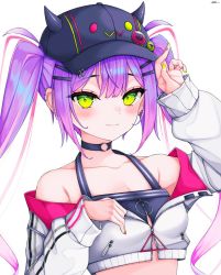 Rule 34 | 1girl, bare shoulders, baseball cap, black choker, black hat, black tank top, blush, breasts, choker, cleavage, closed mouth, collarbone, colored inner hair, crop top, cropped jacket, deokchun, ear piercing, fake horns, green eyes, hair between eyes, hair ornament, hairclip, hat, hololive, horned headwear, horns, jacket, long hair, long sleeves, looking at viewer, multicolored hair, multiple girls, nail polish, o-ring, o-ring choker, off shoulder, piercing, pink hair, pink nails, purple hair, sidelocks, simple background, small breasts, smile, solo, streaked hair, tank top, tokoyami towa, twintails, upper body, virtual youtuber, white background, white jacket, yellow nails