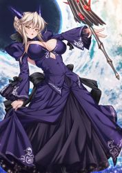 Rule 34 | 1girl, ahoge, artoria pendragon (all), artoria pendragon (fate), artoria pendragon (lancer alter) (fate), black choker, black dress, black ribbon, blonde hair, braid, breasts, choker, cleavage, clothes lift, cloud, commentary request, cosplay, covered navel, cowboy shot, dress, dress lift, fate/grand order, fate (series), french braid, frilled sleeves, frills, hair bun, highres, horns, large breasts, long sleeves, looking at viewer, open mouth, puffy long sleeves, puffy sleeves, ribbon, saber alter, shirokuma a, sidelocks, single hair bun, solo, swept bangs, underboob, wide sleeves, yellow eyes