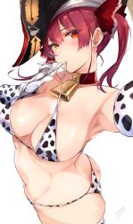 Rule 34 | 1girl, animal print, ass, bare shoulders, bell, bicorne, bikini, black hat, blush, breasts, cleavage, collar, collarbone, cow print, cow print bikini, cowbell, elbow gloves, gloves, hair ribbon, hat, heterochromia, highres, hololive, houshou marine, large breasts, long hair, looking at viewer, navel, pirate, print bikini, red eyes, red hair, red ribbon, ribbon, solo, swimsuit, thighhighs, tomochi (tmc tmc8), twintails, virtual youtuber, white bikini, white gloves, white thighhighs, yellow eyes