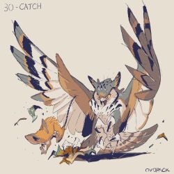 Rule 34 | animal, animal focus, artist name, beak, bird, brown eyes, colored sclera, commentary, english commentary, from side, full body, highres, jumping, midair, mouse (animal), murayama ryota, no humans, open mouth, original, owl, signature, simple background, slit pupils, spread wings, talons, yellow background, yellow sclera