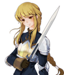 Rule 34 | 1girl, agrias oaks, armor, blonde hair, blush, braid, braided ponytail, breastplate, brown gloves, elbow pads, final fantasy, final fantasy tactics, gloves, holding, holding sword, holding weapon, jolin0323, long hair, low-tied long hair, shoulder pads, sidelocks, simple background, single braid, smile, solo, sword, upper body, weapon, white background, yellow eyes
