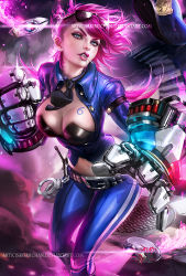 Rule 34 | 1girl, breasts, cleavage, gauntlets, gloves, hat, large breasts, league of legends, necktie, officer vi, pink hair, police, police uniform, policewoman, sakimichan, solo, tattoo, uniform, vi (league of legends), watermark, weapon