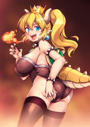 Rule 34 | 1girl, ass, bare shoulders, black nails, blonde hair, blue eyes, bowsette, breasts, crown, curvy, earrings, fire, from side, happy, highres, hip focus, horns, jewelry, large breasts, legs, leotard, long hair, looking at viewer, mario (series), nail polish, new super mario bros. u deluxe, nintendo, open mouth, pointy ears, ponytail, sharp teeth, shell, sideboob, smile, solo, spikes, super crown, tail, teeth, thighhighs, thighs, tongue, upper teeth only, windart