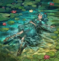 Rule 34 | 1girl, absurdres, ankle boots, blue hair, blue shirt, blue skirt, blush, boots, brown footwear, closed eyes, collared shirt, flower, hair between eyes, hair bobbles, hair ornament, henginnnnnn, highres, kawashiro nitori, lily pad, lying, lying on water, open mouth, pink flower, shirt, short hair, short sleeves, skirt, solo, touhou, two side up, water, yellow flower