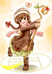 Rule 34 | 1girl, :o, absurdres, bell, blush, bow, braid, brown coat, brown footwear, brown hair, buttons, coat, full body, gift, green skirt, highres, kukuri (mahoujin guruguru), long hair, looking at viewer, magic circle, mahoujin guruguru, md5 mismatch, mittens, pink scarf, pocket, pom pom (clothes), red bow, resolution mismatch, scarf, sidelocks, simple background, skirt, snowball, solo, source smaller, speech bubble, staff, standing, standing on one leg, takaramono, twin braids, winter clothes